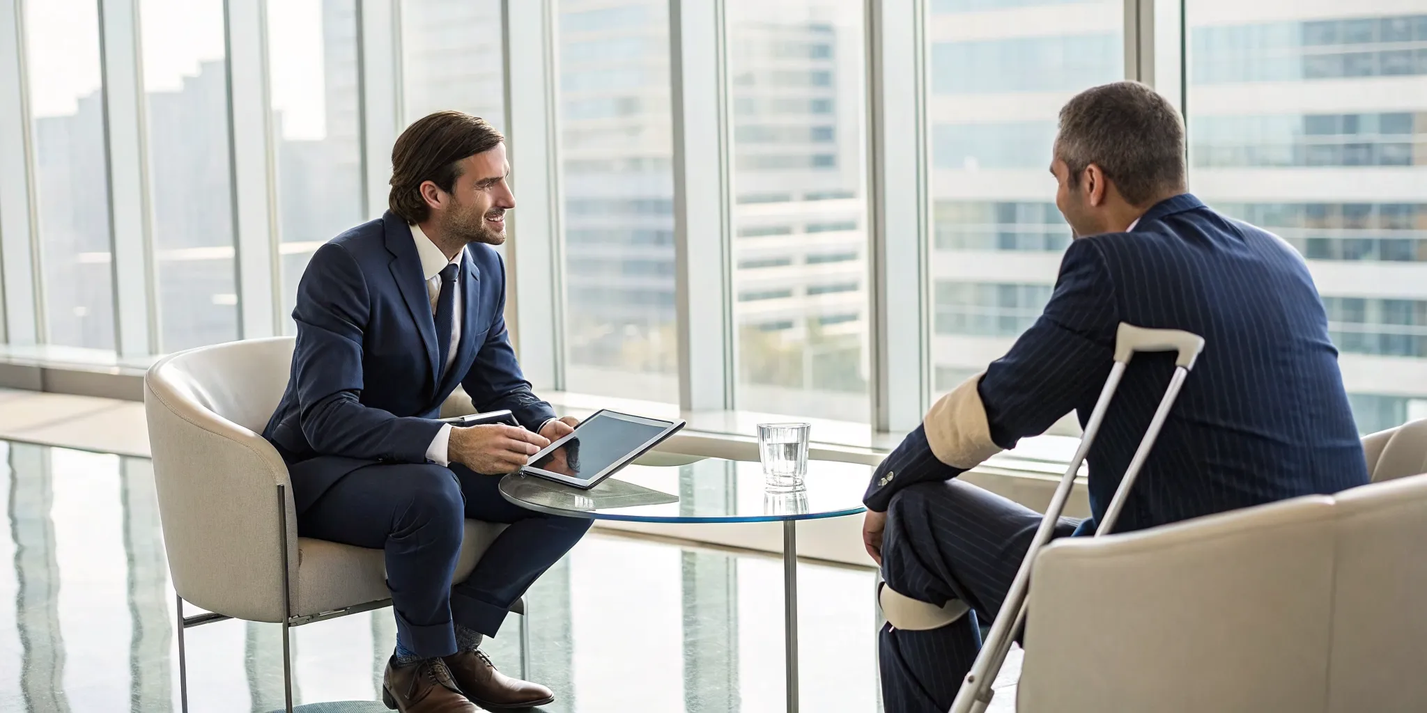 Injured man on crutches in a consultation with the best lawyer for a slip and fall case.