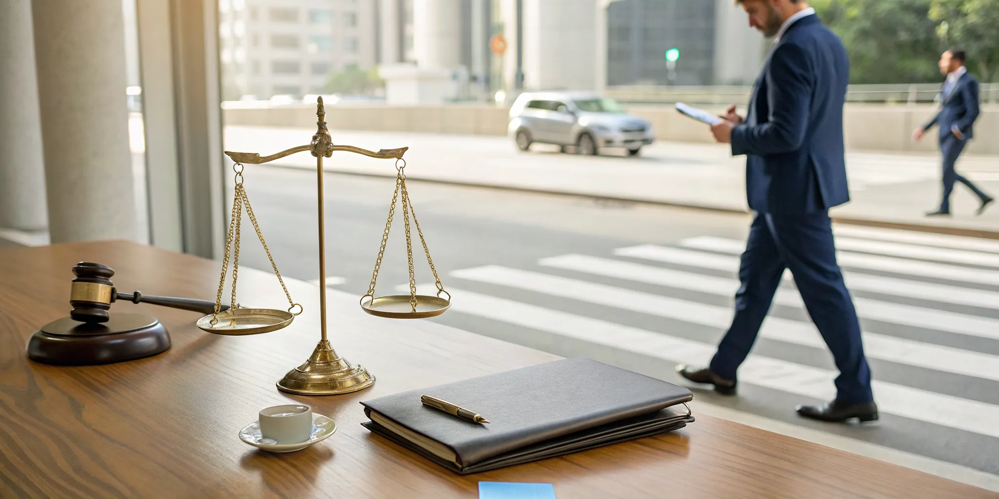 Best pedestrian accident attorney with justice scales, a gavel, and legal documents near a crosswalk.
