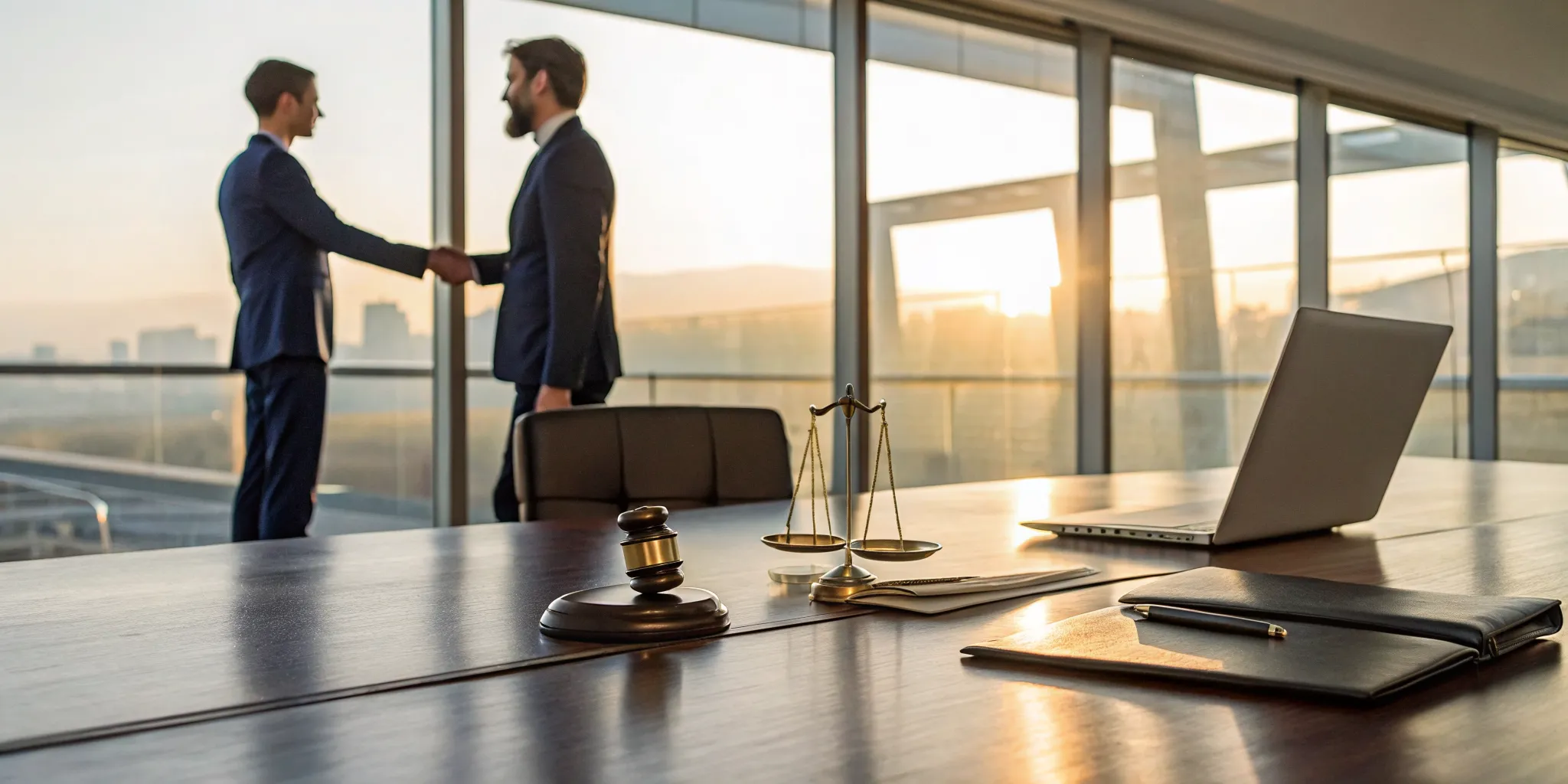 A Texas 18 wheeler accident attorney shakes hands with a client in a law office.