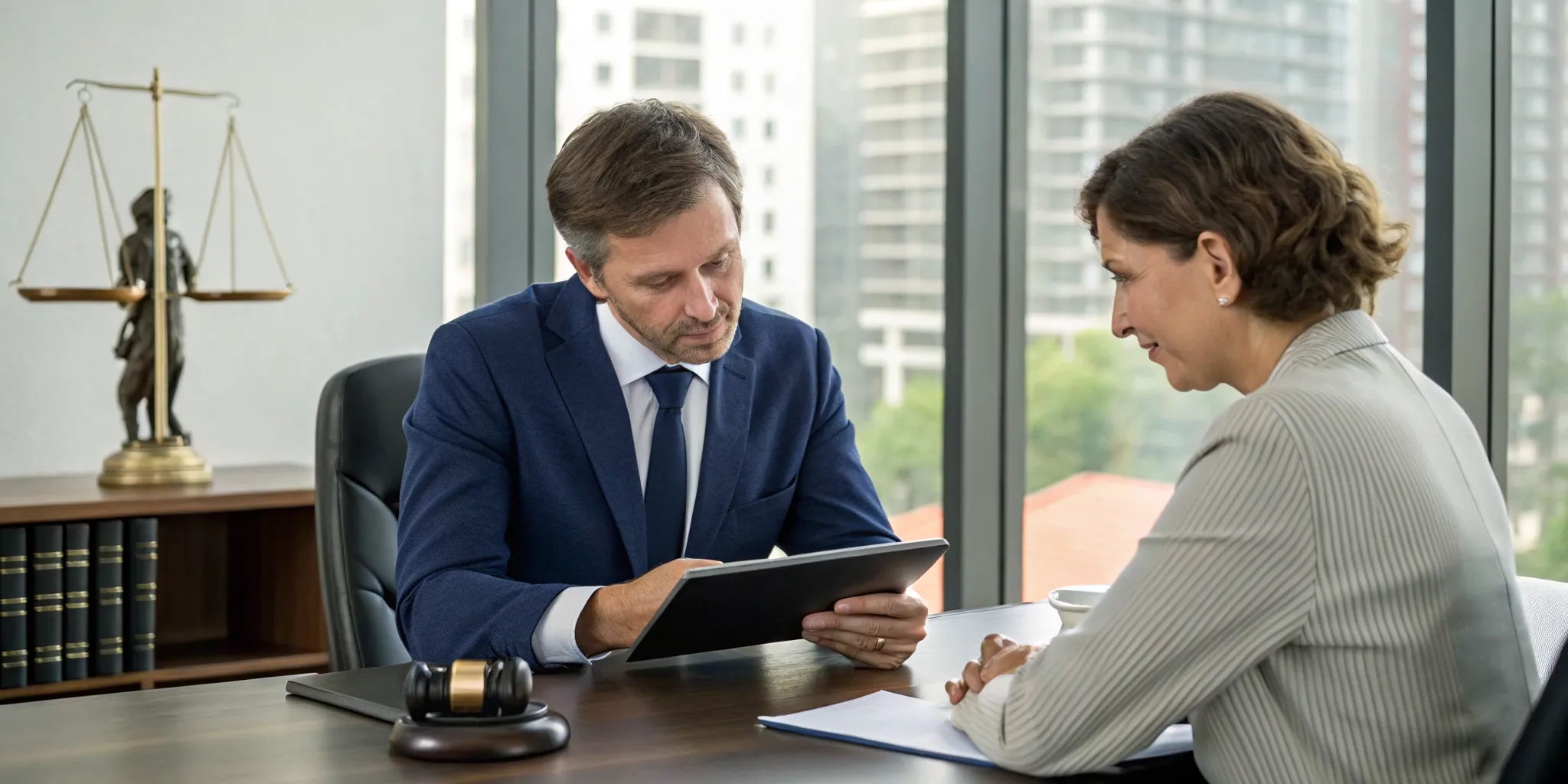 An accident lawyer explains the legal process to a client during an office consultation.