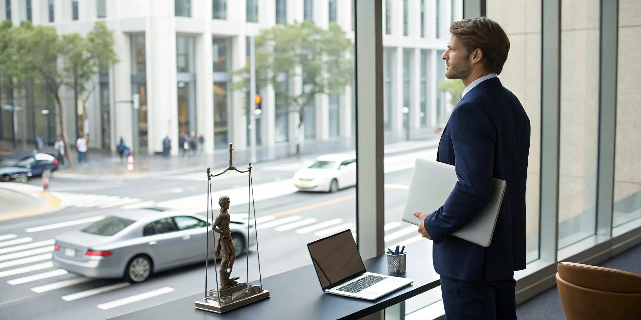 Pedestrian hit by car lawyer in an office overlooking a busy city street.