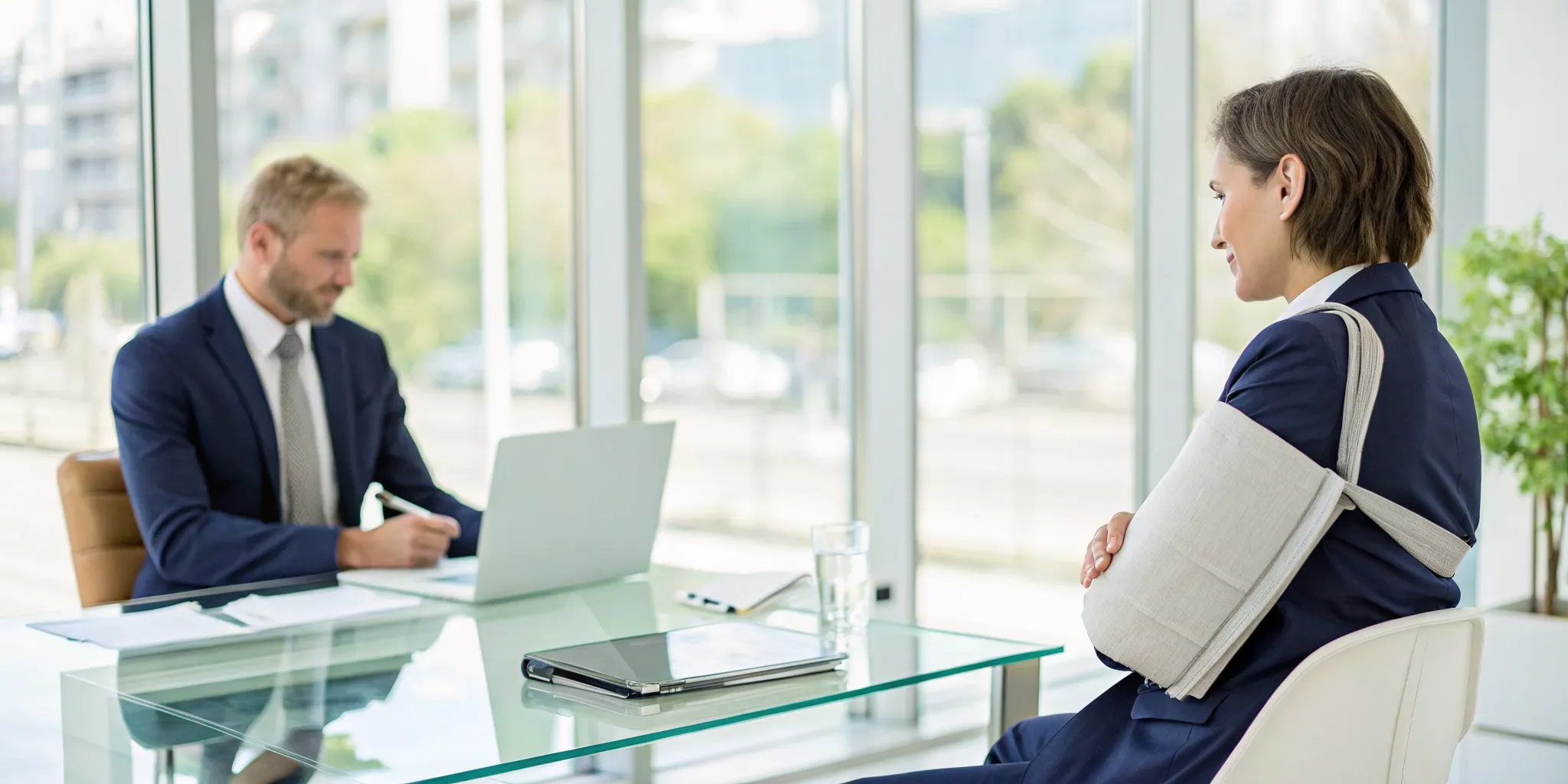 A personal injury lawyer offering a free consultation to an injured client.