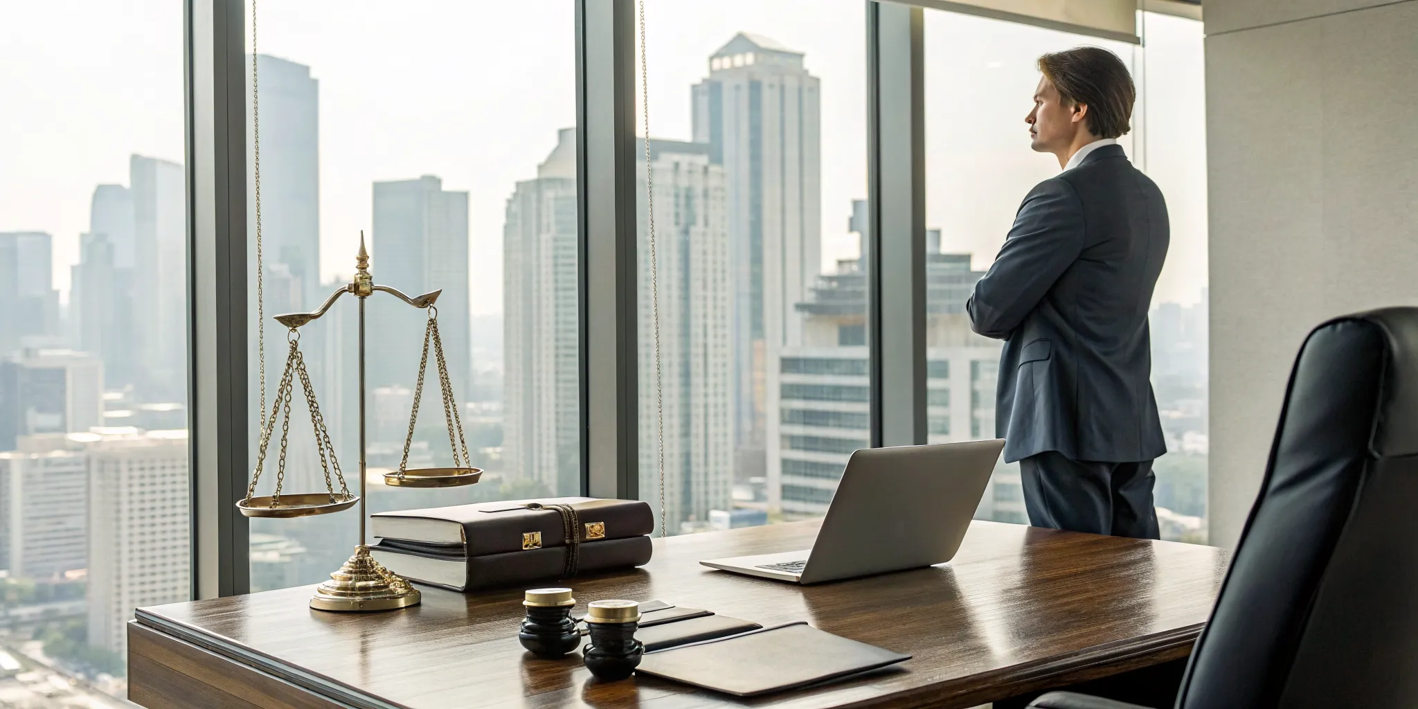 Top rated personal injury lawyer working at a desk in a modern city office.