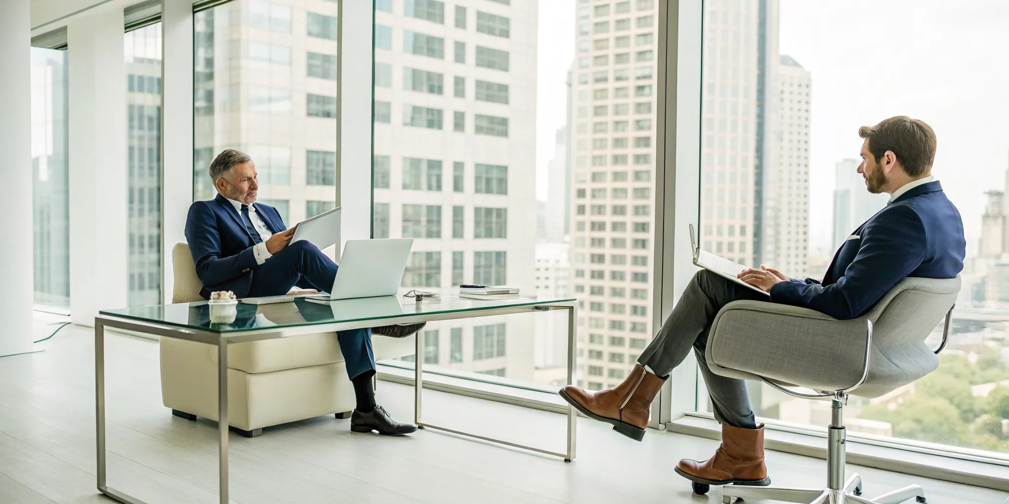 A personal injury lawyer discusses a slip and fall case with a colleague in their office.