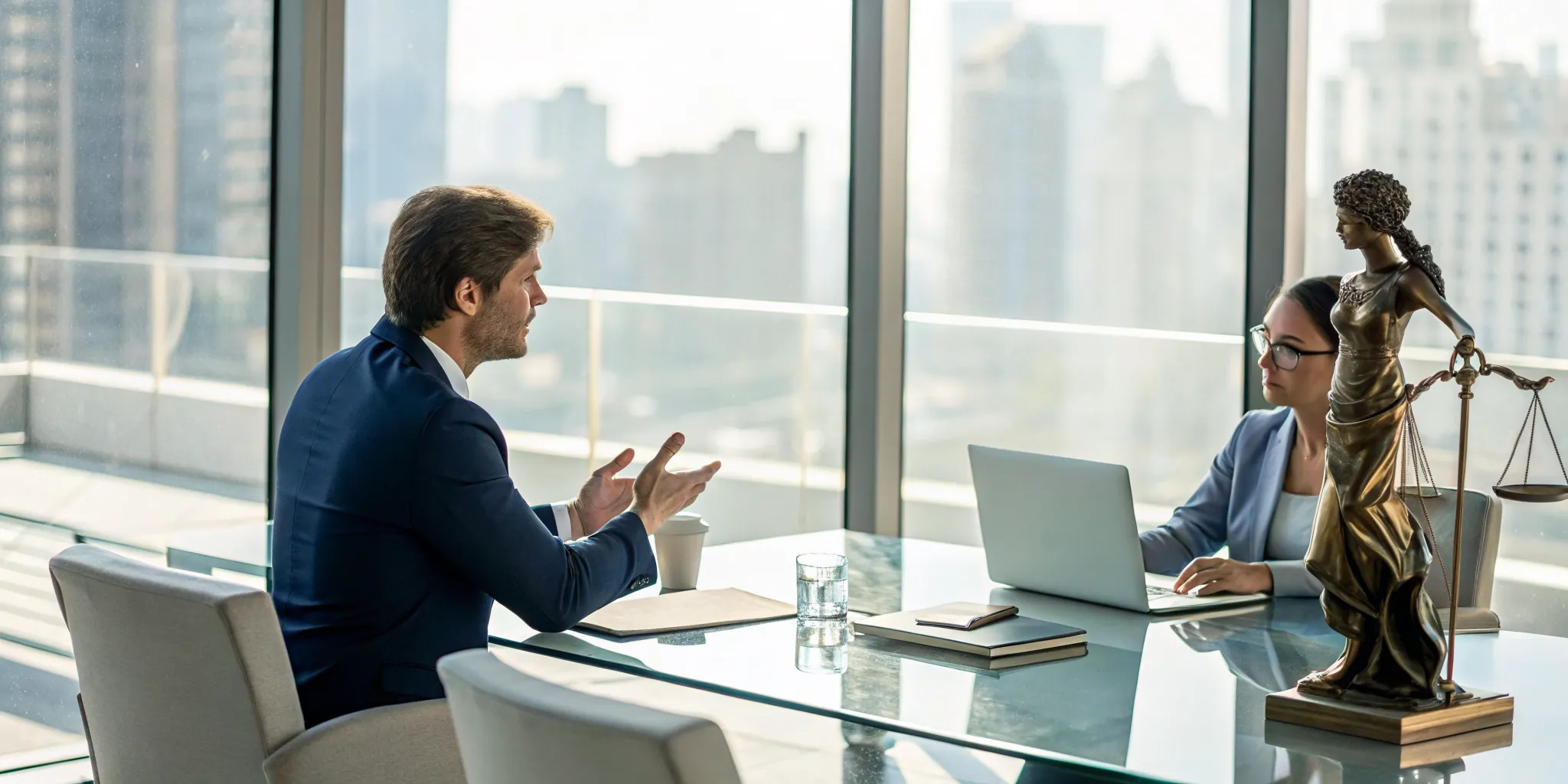 A dog bite lawyer discusses a case during a free consultation with a client.