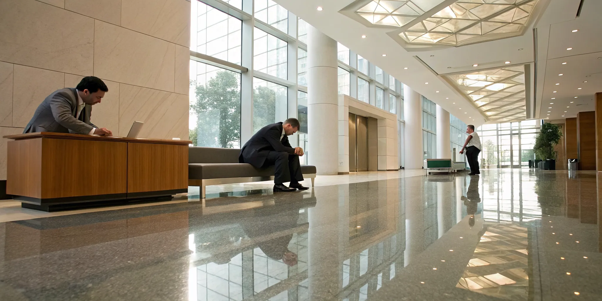 Man in a suit sits on a bench wondering what to do after a slip and fall accident.