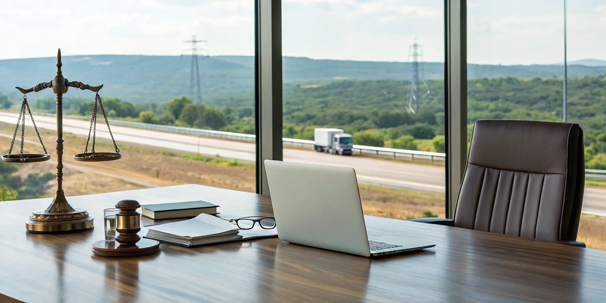 A Kerrville commercial truck accident lawyer's desk with a gavel and scales of justice.