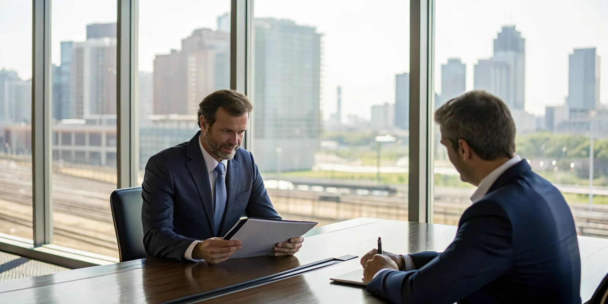 A train accident lawyer meets with a client to secure compensation.