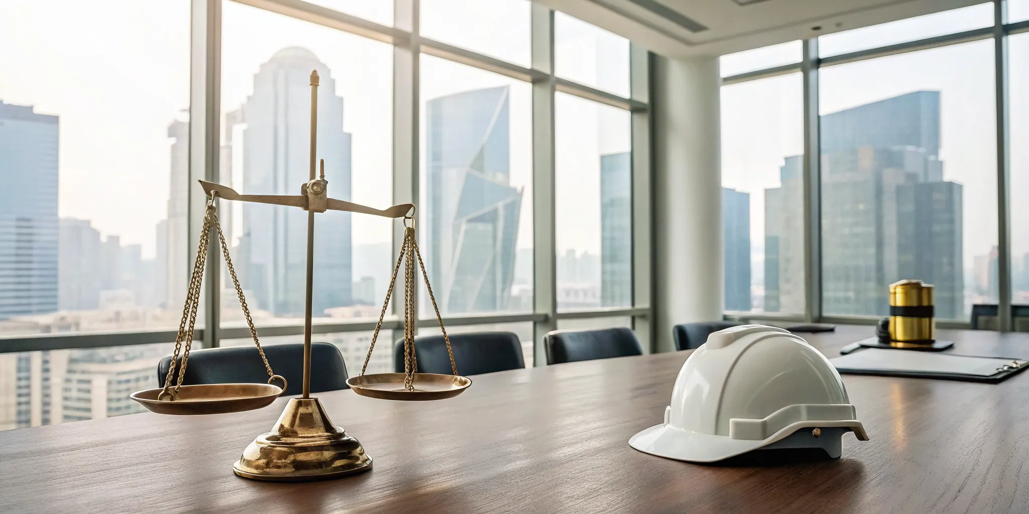 Scales of justice and a hard hat on a table, defining the grounds for a wrongful death lawsuit.