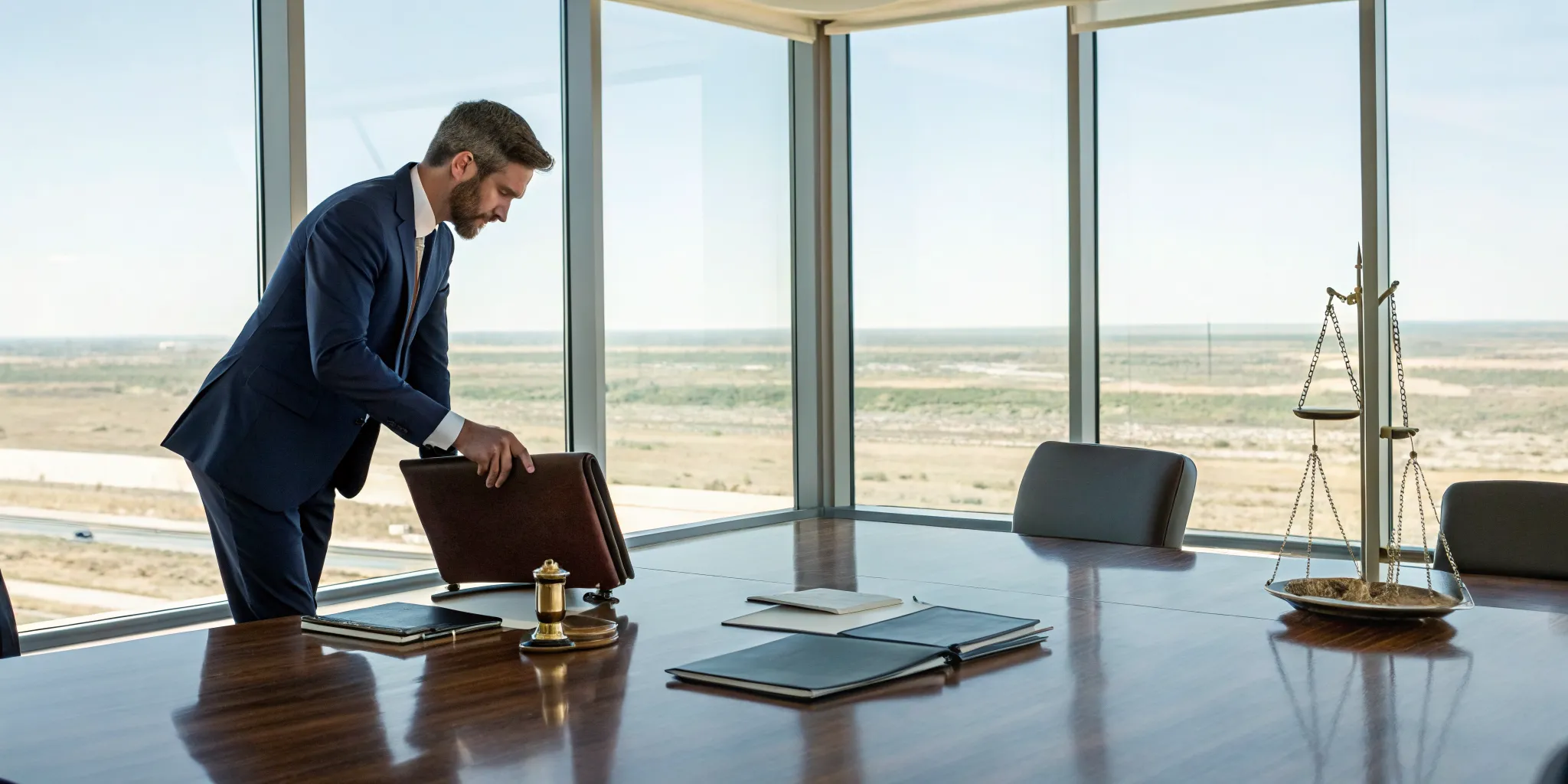 Lubbock truck accident lawyer reviewing case files with legal scales on a desk.