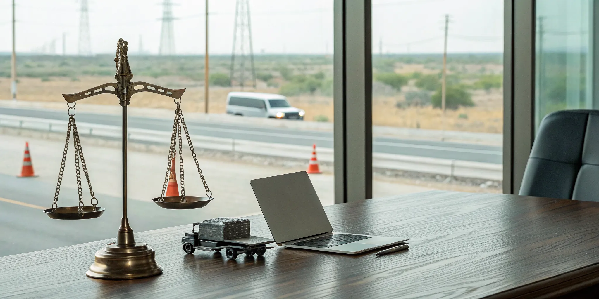 An Odessa commercial truck accident lawyer's desk with a toy truck and scales of justice.
