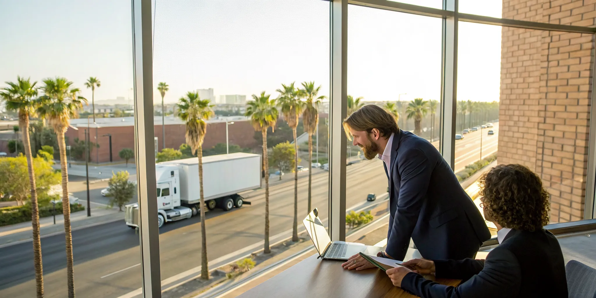 McAllen truck accident lawyers strategizing a case in an office overlooking a highway with a truck.
