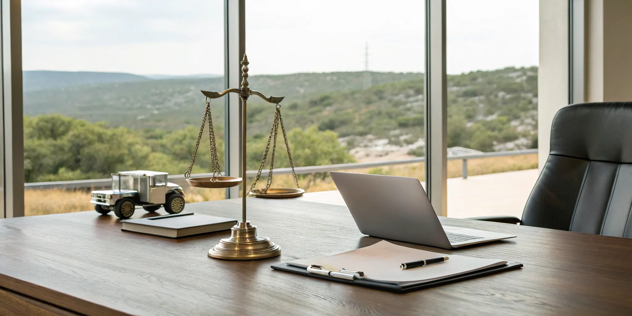 Kerrville 18-wheeler accident lawyer's desk with a model truck and scales of justice.