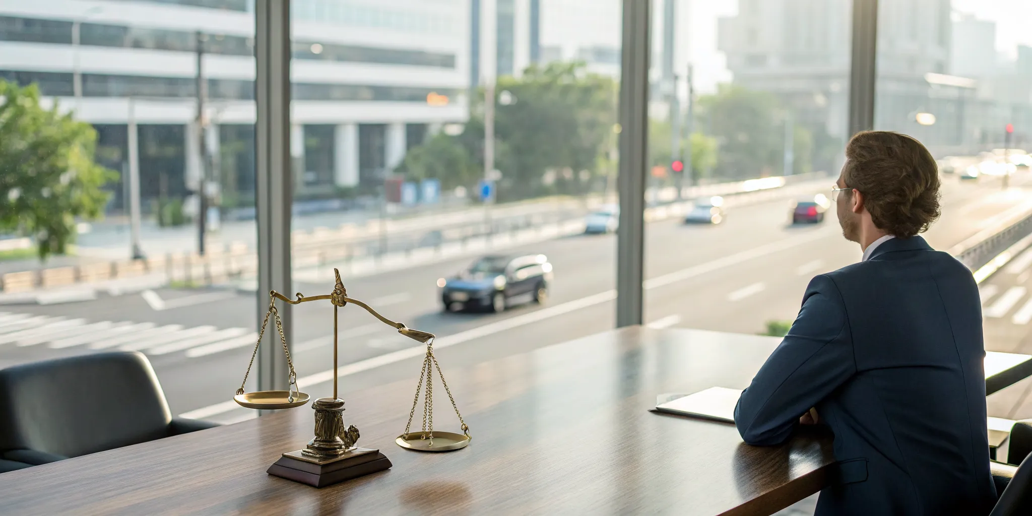 A car accident lawyer in Junction at a desk with legal scales and a city view.