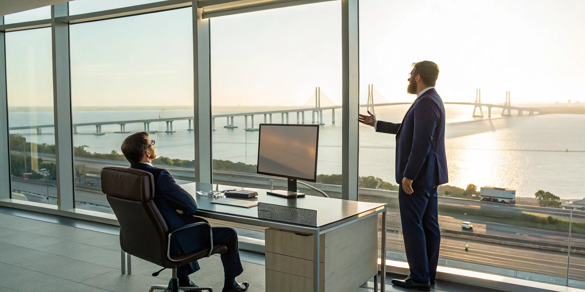 Corpus Christi truck accident lawyer in an office overlooking the highway and bridge.