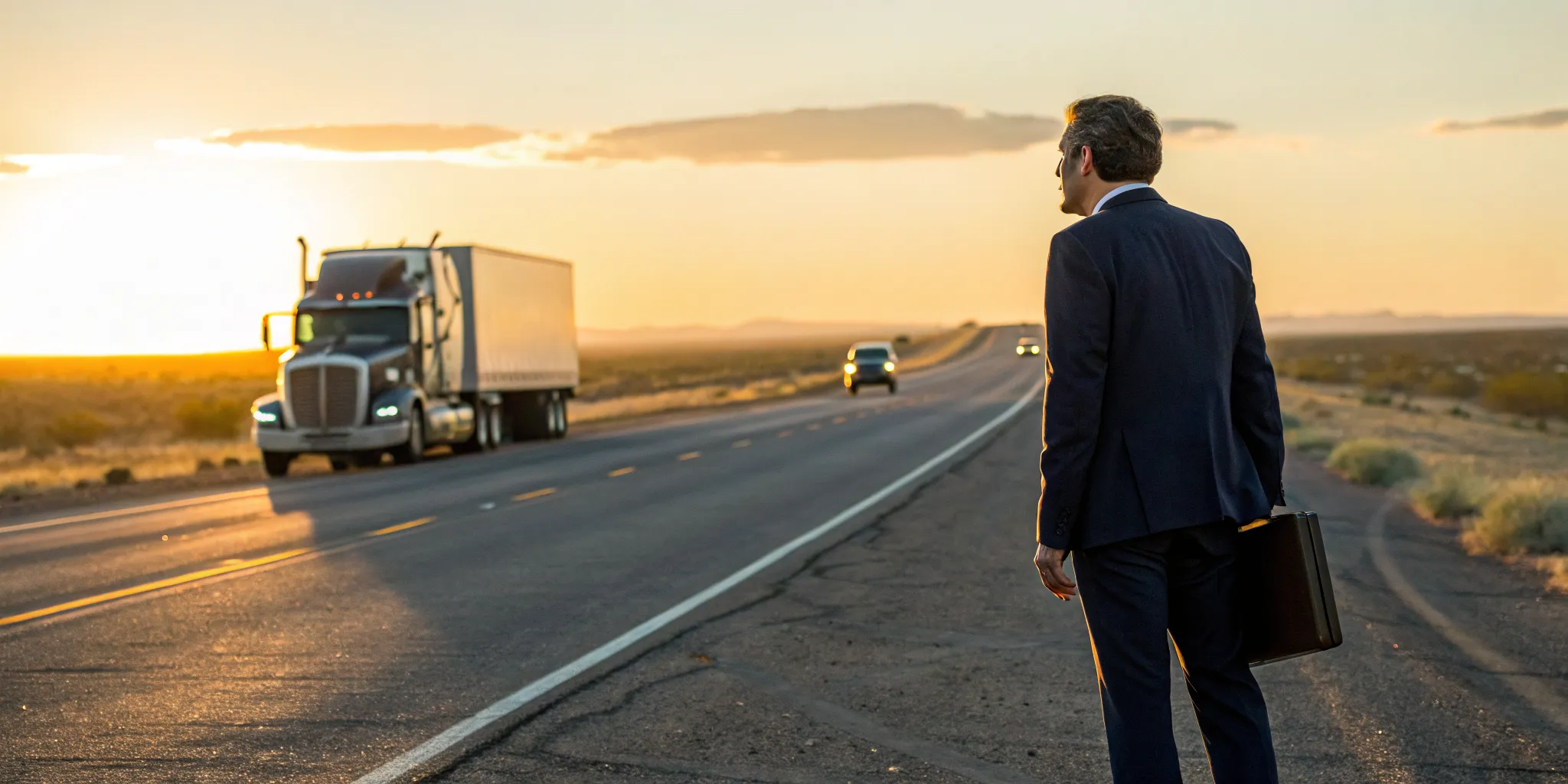 An 18-wheeler accident lawyer on a Fort Stockton highway as a semi-truck approaches.