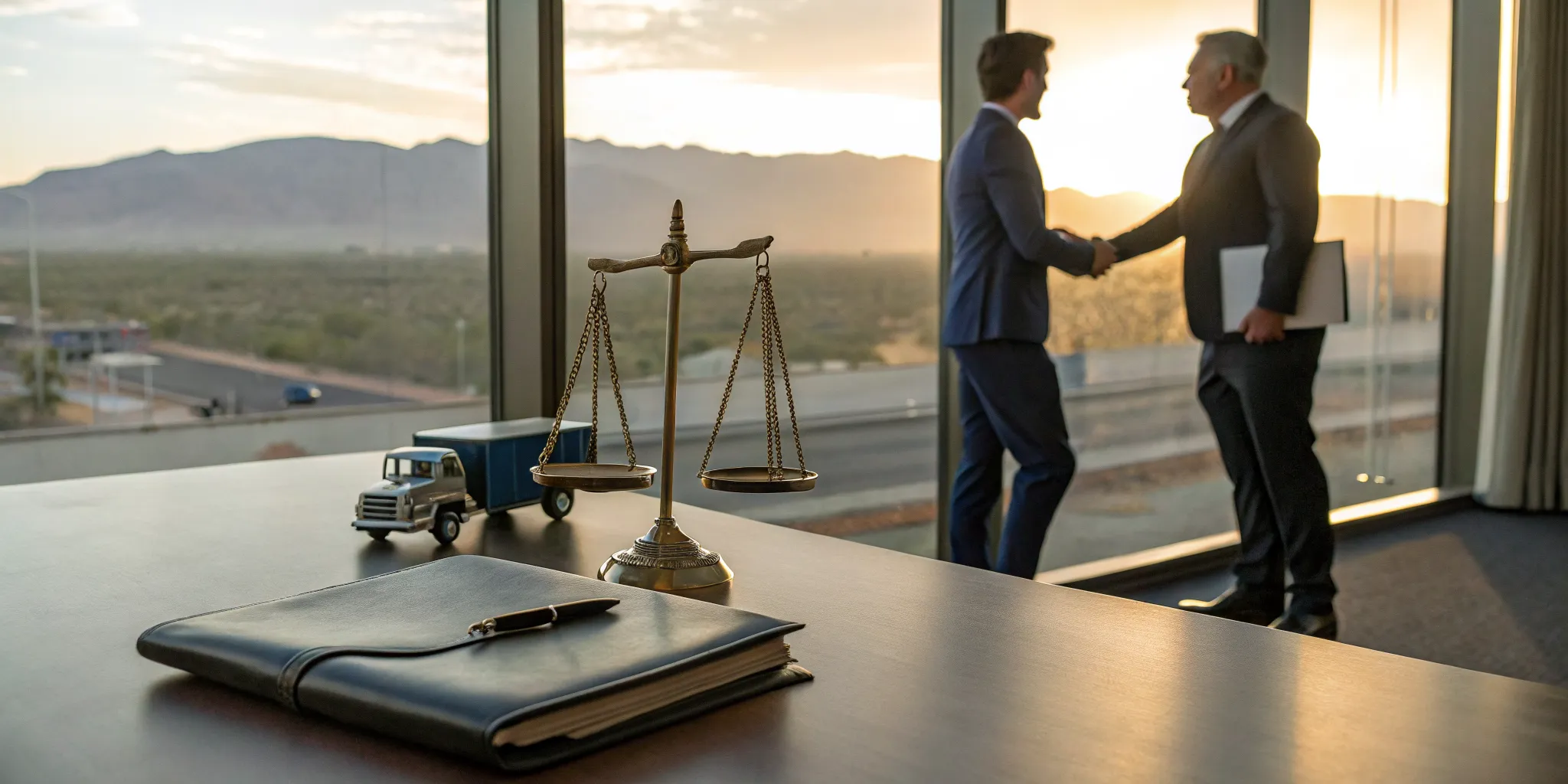 El Paso 18-wheeler accident lawyers shake hands over scales of justice and a toy truck.
