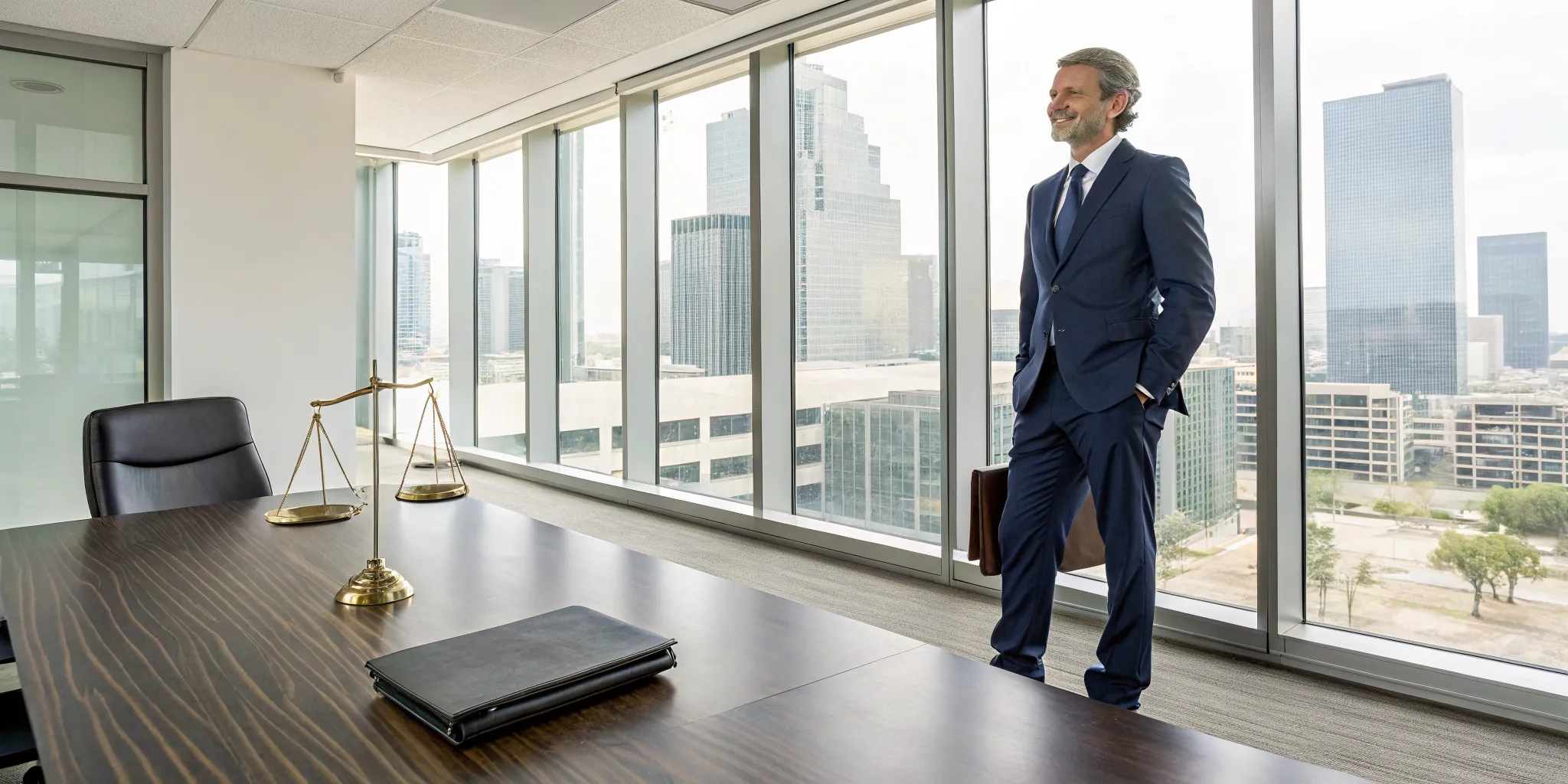 An 18-wheeler accident lawyer in Irving stands in his office overlooking the city.