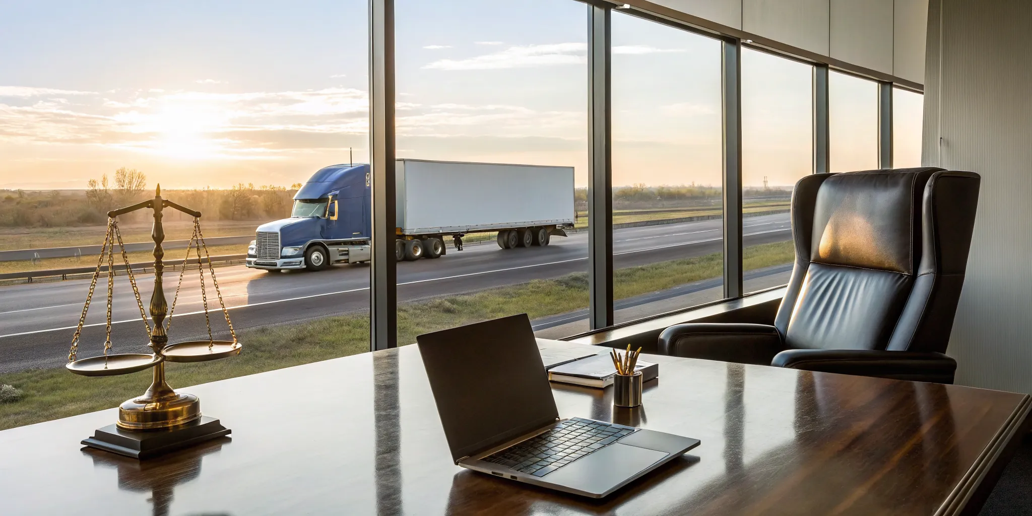 An 18-wheeler truck viewed from the office of a Katy accident lawyer with legal scales on the desk.