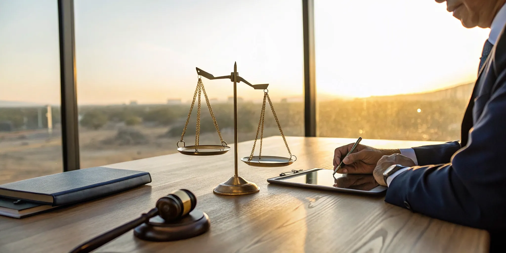 An 18-wheeler accident lawyer in Midland with scales of justice and a gavel.
