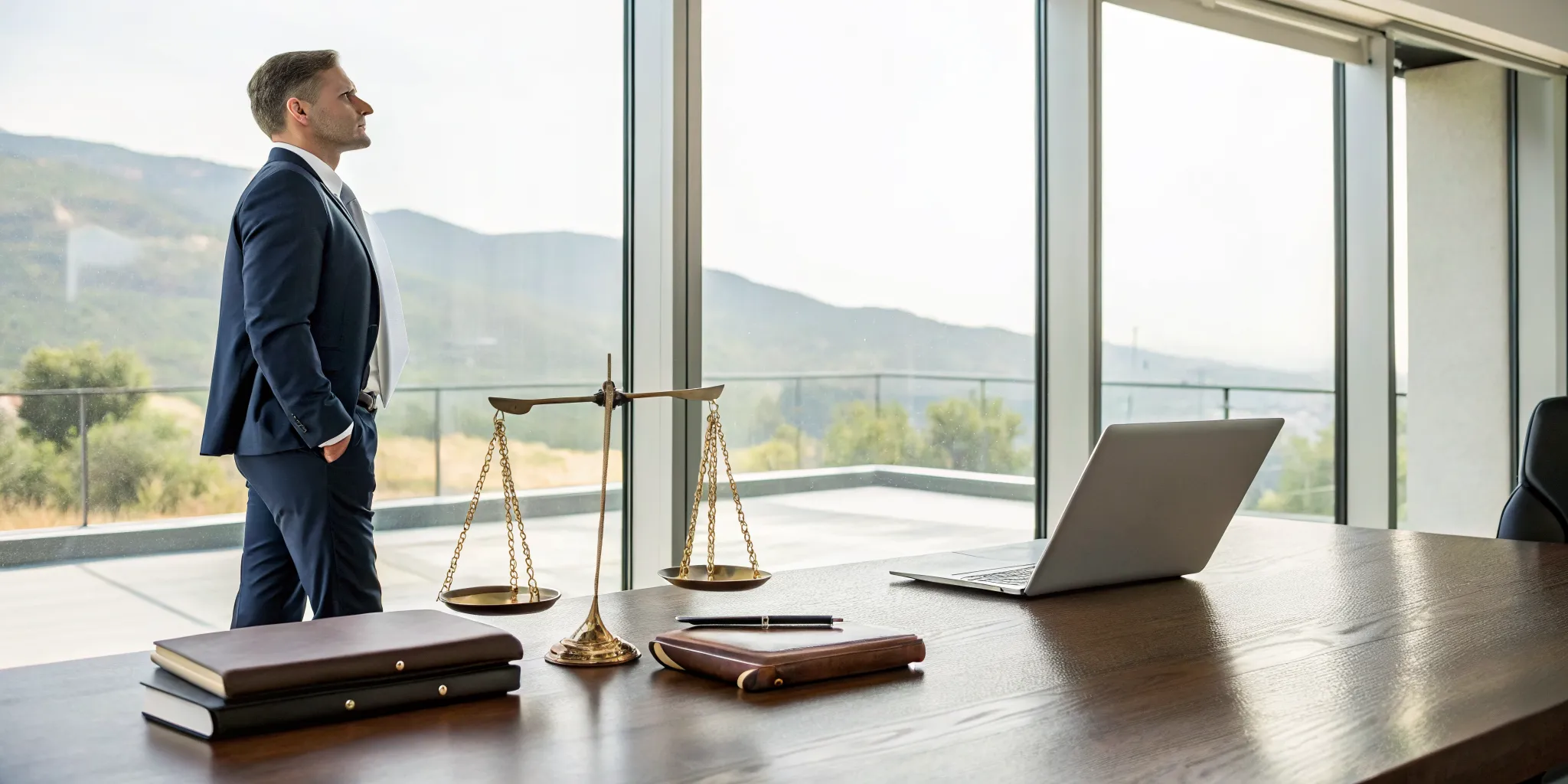 An Ozona 18-wheeler accident lawyer reviews a case on a laptop next to scales of justice.