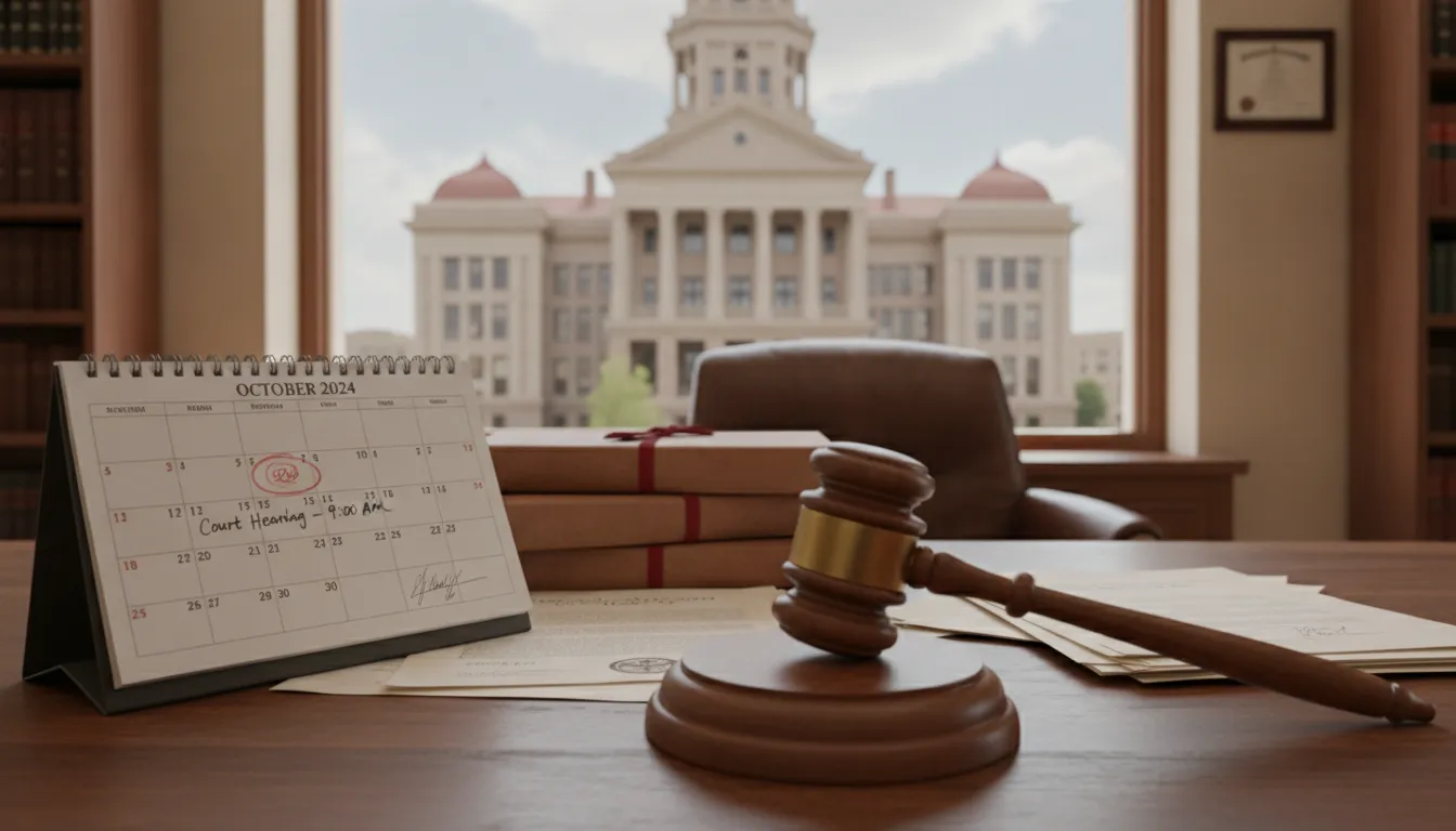 Wooden gavel on a desk next to a calendar and legal documents symbolizing the timeline of a personal injury lawsuit in Texas