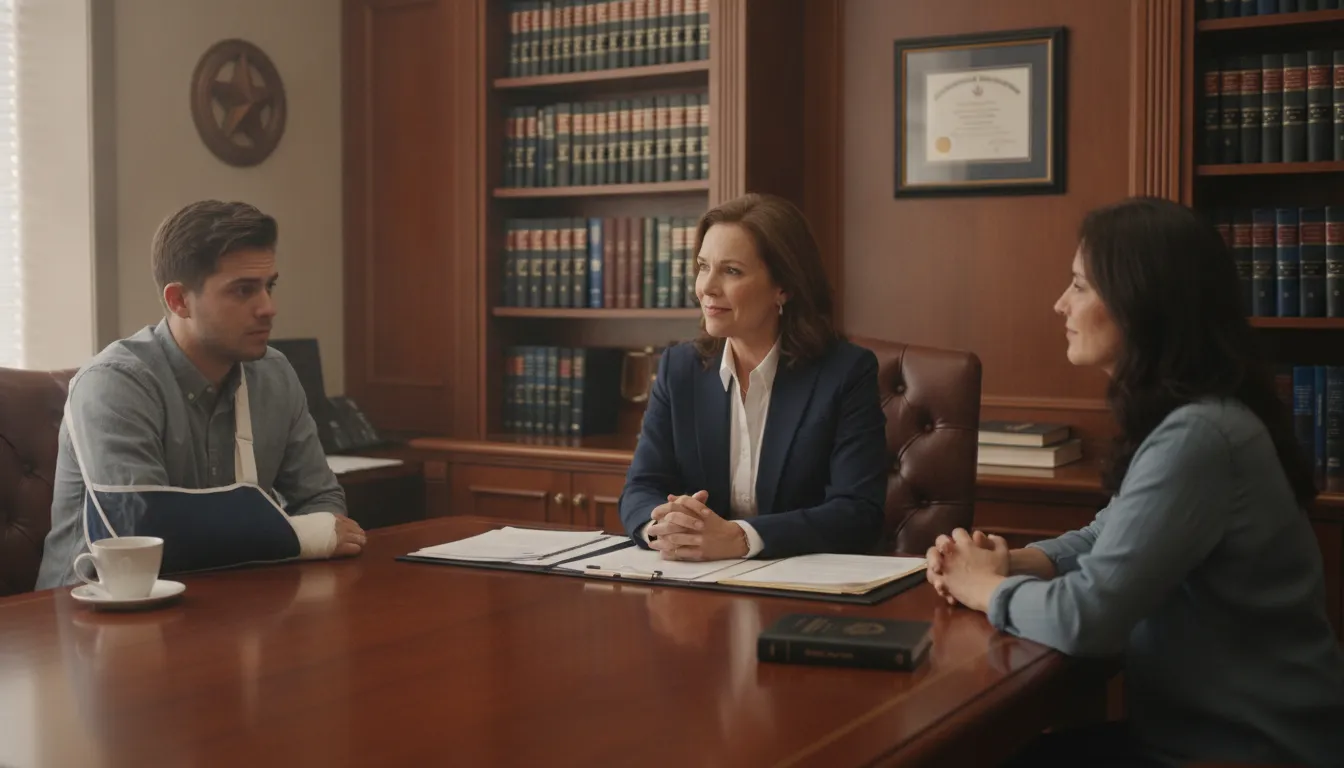 Texas personal injury attorney meeting with a dog bite victim in a professional office setting