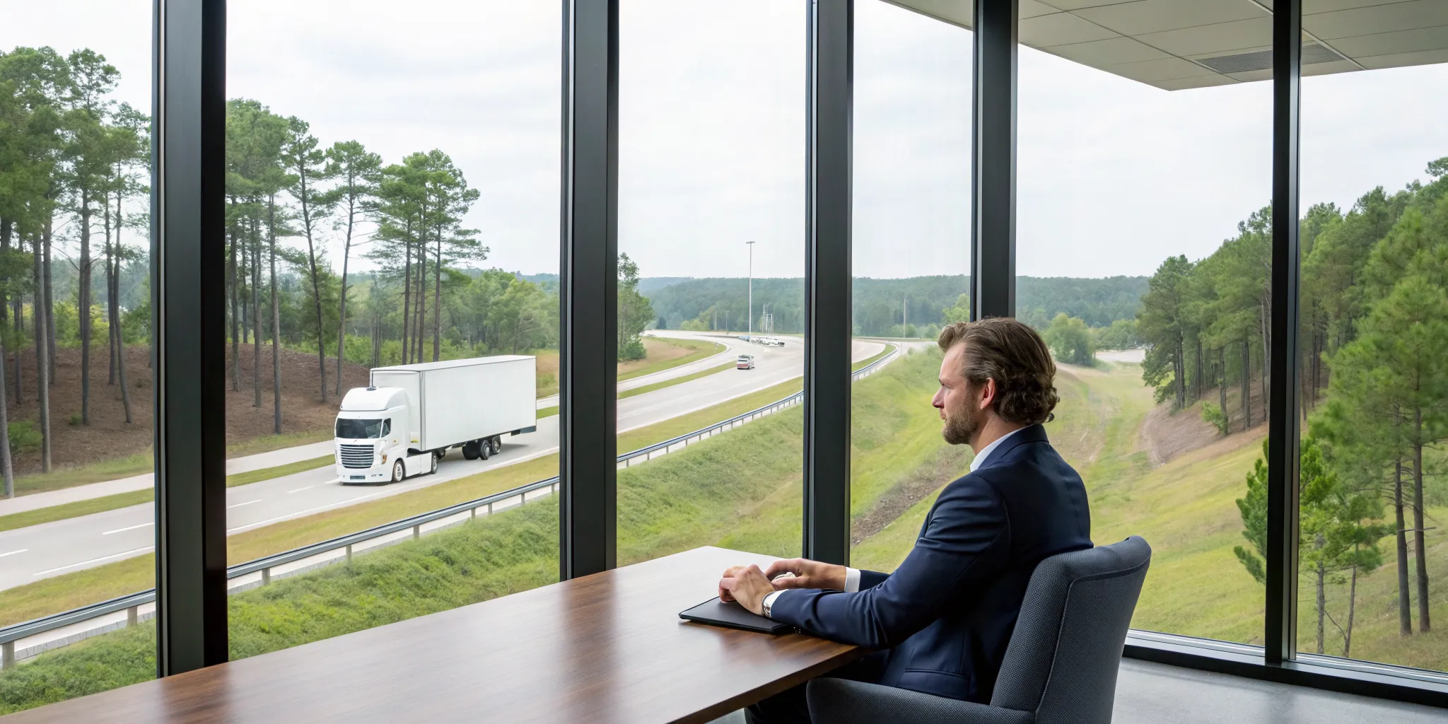 An 18-wheeler accident lawyer in Longview watches a truck on the highway from his office.