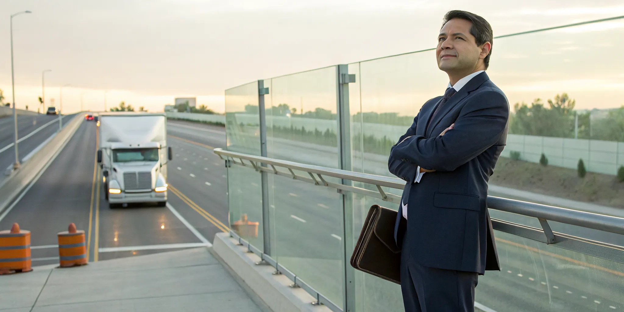 An 18-wheeler accident lawyer in McAllen stands near a highway as a truck passes.