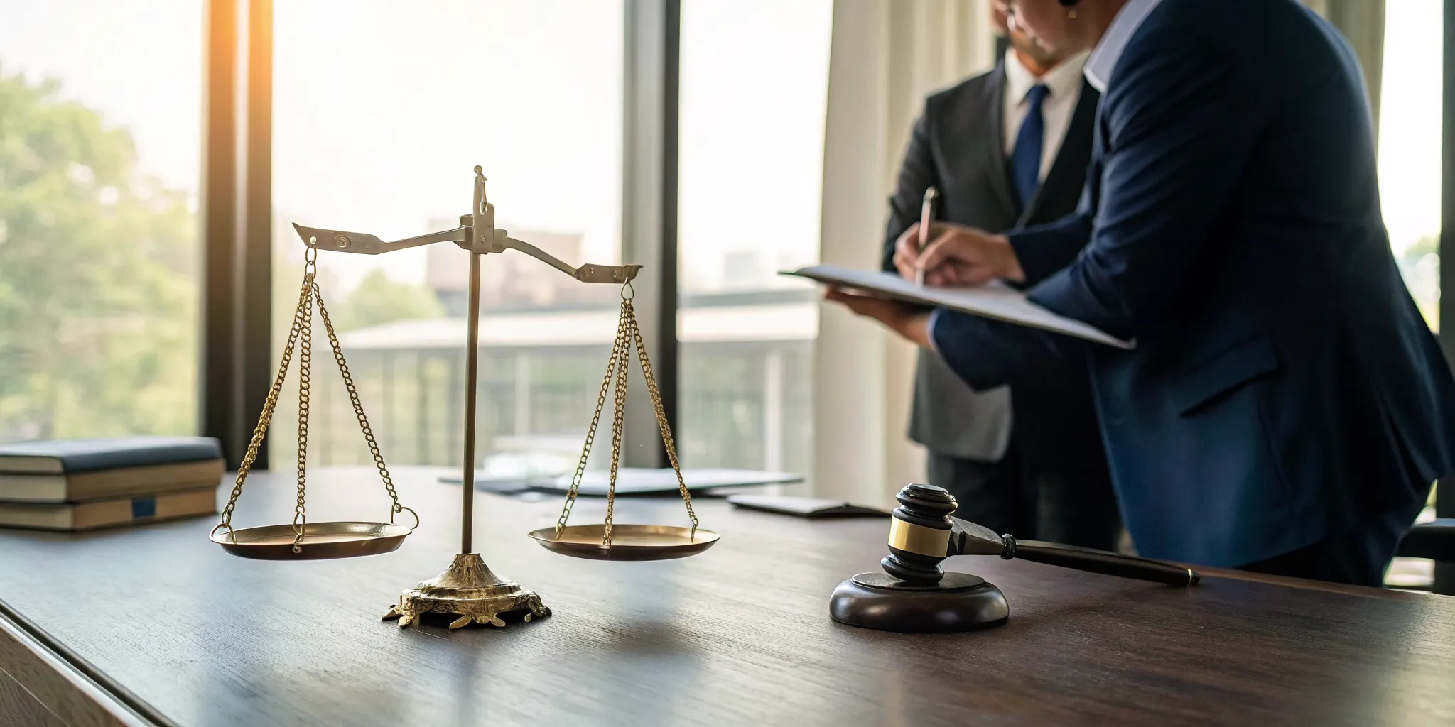 Lawyers discuss an 18-wheeler accident case in Victoria with scales of justice and a gavel on the desk.