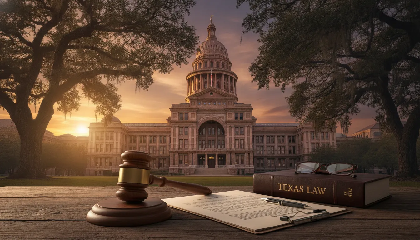 Texas courthouse building with a gavel and legal documents on a desk in the foreground