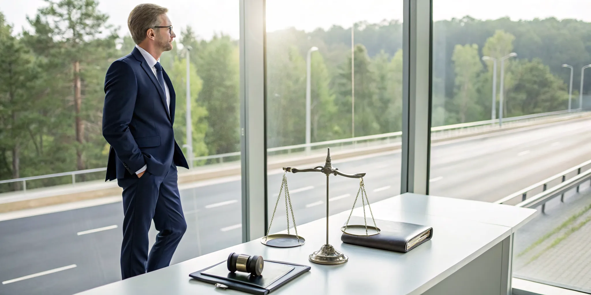 An 18-wheeler accident lawyer in The Woodlands with scales of justice and a gavel.
