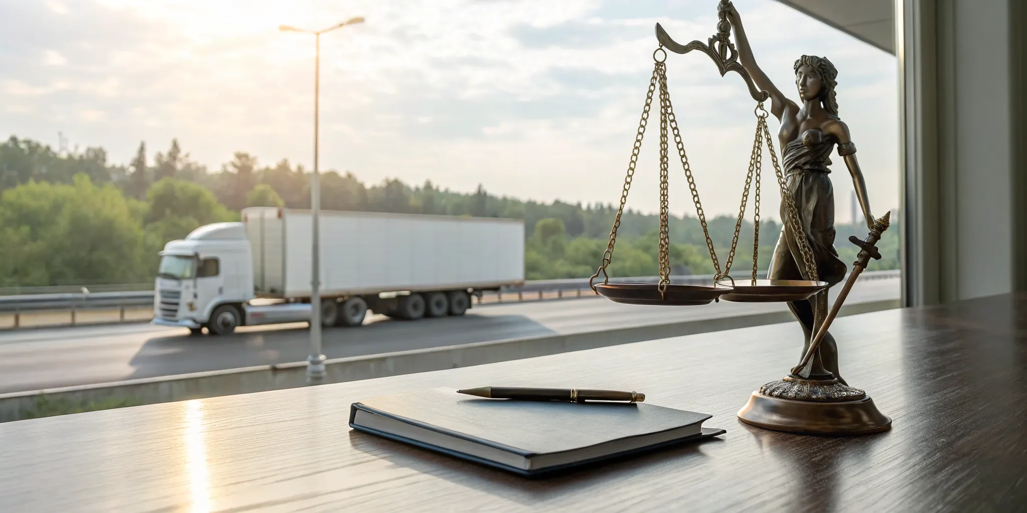 Scales of justice on the desk of a Spring 18-wheeler accident lawyer.