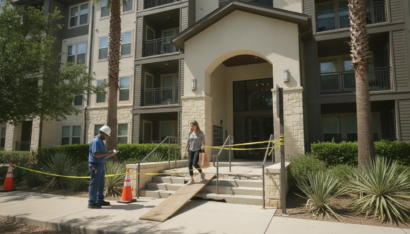 Tenant carefully walking near broken apartment stairwell with safety awareness