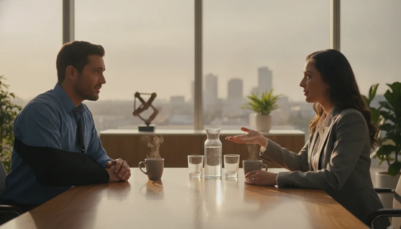 Injured passenger discussing a rideshare accident claim with an attorney in an Austin office